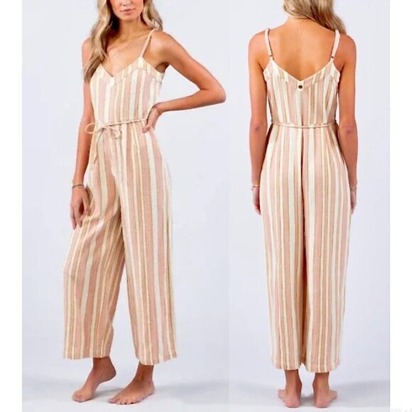 Rip Curl Pants - NWT Rip Curl Boho Palm Belted Jumpsuit Wide Leg Ankle Crop Medium Vintage Stripe